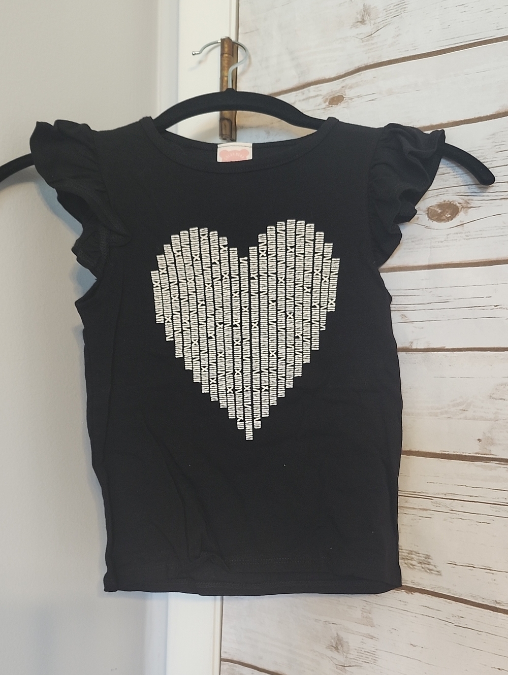 Girls Black Ruffle Sleeve Tee with Heart Graphic - NEW